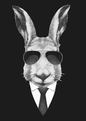 Portrait of Hare in suit and sunglasses. Bodyguard. Hand-drawn illustration. 