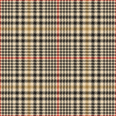 Glen check plaid pattern pixel art in black, red, gold, beige. Seamless hounds tooth vector tweed background for jacket, skirt, trousers, other modern spring autumn winter fashion textile design.