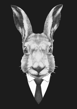 Portrait of Hare in suit. Bodyguard. Hand-drawn illustration. 