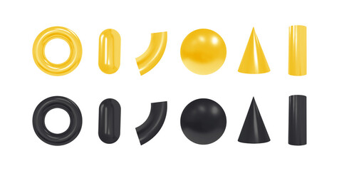 Vector 3d geometric objects. Isolated black and yellow shapes.