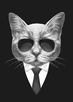 Portrait of British Shorthair Cat in suit and sunglasses. Bodyguard. Hand-drawn illustration. 