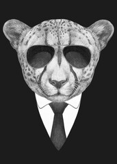 Portrait of Cheetah and sunglasses in suit. Bodyguard. Hand-drawn illustration. 