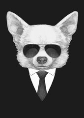 Portrait of Chihuahua in suit and sunglasses. Bodyguard. Hand-drawn illustration. 