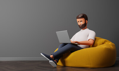 Cartoon character man work with laptop at home in cozy interior with copy space and yellow bean bag.