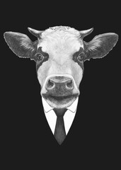 Portrait of Cow in suit. Bodyguard. Hand-drawn illustration. 