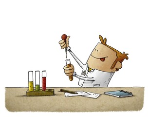 scientist is struggling to discover something while mixing liquids in test tubes. isolated - 414162935