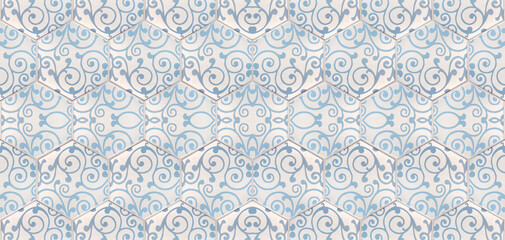 Grunge seamless blue white hexagonal hexagon masaic tile mirror texture with damask leaves flower print pattern 