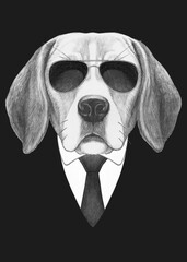 Portrait of Beagle in suit and sunglasses. Bodyguard. Hand-drawn illustration. 