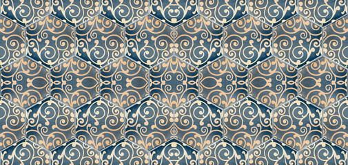 Grunge seamless blue orange hexagonal hexagon masaic tile mirror texture with damask leaves flower print pattern