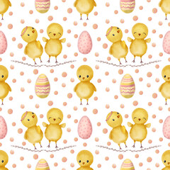 Hand drawn watercolor happy easter seamless pattern with chicks and eggs design. Chicks, eggs in cartoon cute style illustration on white. Cute baby chicks  illustration for design