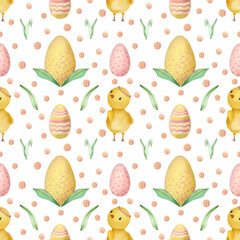 Hand drawn watercolor happy easter seamless pattern with chicks and eggs design. Chicks, eggs in cartoon cute style illustration on white. Cute baby chicks  illustration for design