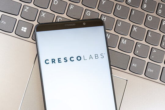 Toronto, Canada - February 14, 2021: Cresco Labs logo on smartphone screen on keyboard. Cresco Labs, Inc. is an American cannabis and medical marijuana company. 