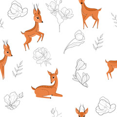 Fototapeta premium Seamless pattern with cute deer and flowers. Spring flowers and cute deer. Botanical flowers. Pattern