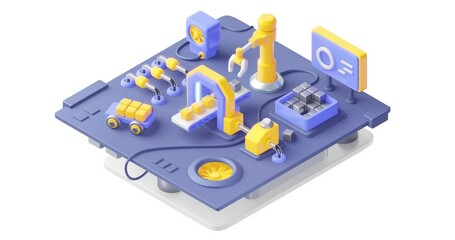 Factory machine with conveyor and engineering robot arm picking up metal box.  Technology of modern industrial manufacture at automatic conveyor belt of factory line