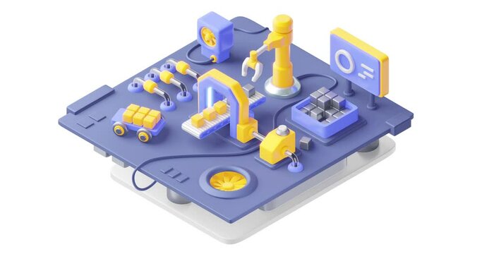 Factory machine with conveyor and engineering robot arm picking up metal box.  Technology of modern industrial manufacture at automatic conveyor belt of factory line