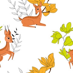 Fototapeta premium Seamless pattern with cute deer and flowers. Spring flowers and cute deer. Botanical flowers. Pattern