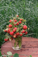 Bouquet of fresh branches with wild strawberries in old glass on wooden desk on grass background, summer day, vertical photo, vintage style
