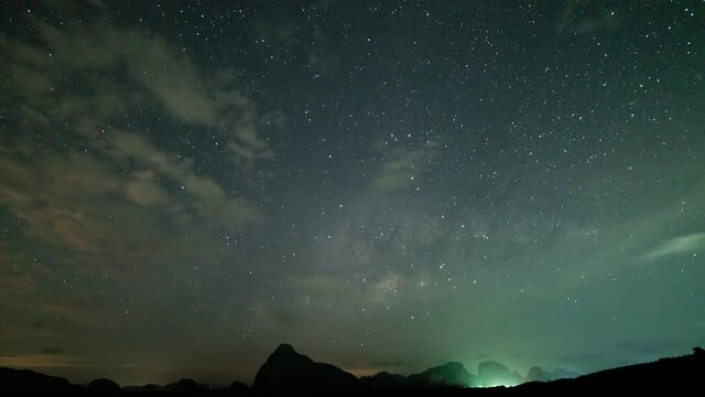 Milky Way Galaxy Time Lapse Amazing Dark night sky Milky way moving over the mountain peak. Night lapse from night to day. Starry night Timelapse at Phang nga Thailand