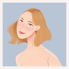 Beauty female portrait. Elegant woman avatar. Girl with freckles. Vector illustration