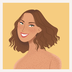 Beauty female portrait. Elegant woman avatar. Girl with freckles. Vector illustration