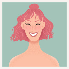 Beauty female portrait. Smiling young woman avatar. Girl with pink hair. Vector illustration - 414166164
