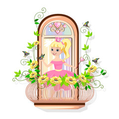 Obraz na płótnie Canvas A fabulous balcony for the princess castle with a precious heart and entwined with flowers. Vector illustration of an element of fairy tale architecture on a white background.