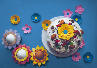 Fototapeta na wymiar top view of russian easter cake and eggs