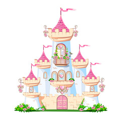 A beautiful pink castle of a beautiful princess with a balcony and heart-shaped jewels, towers, windows and gates. Vector illustration of fairy tale architecture on a white background.