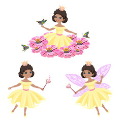 Vector set of a beautiful black princess with magic wings and a magic wand, fluttering over a meadow of pink flowers. Vector illustration isolated on white background.