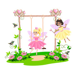 The swing for the princess is decorated with hearts on the lawn and is entwined with pink flowers. Vector illustration on a white background.