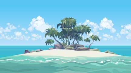 cartoon small sandy island with palm trees and stones surrounded by water