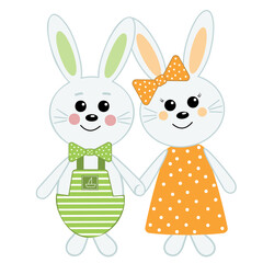 Two cute baby bunny characters girl and boy, vector isolated illustration for the Holy Easter holiday, decor, decoration, print