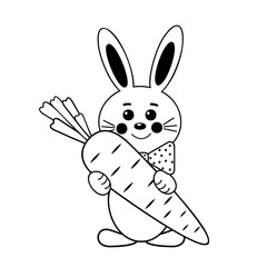 Fototapeta na wymiar Bunny, children's character, holding a carrot, black outline, vector isolated illustration for the Holy Easter holiday, decor, decoration, print, clip art, paper scrapbooking, coloring