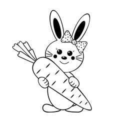 Fototapeta na wymiar Bunny, children's character, holding a carrot, black outline, vector isolated illustration for the Holy Easter holiday, decor, decoration, print, clip art, paper scrapbooking, coloring