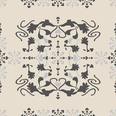 Seamless pattern floral with lily flowers and hearts. Cream ivory and Gray . Vector.