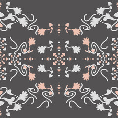 Seamless pattern floral with lily flowers and hearts. Gray and pastel orange. Vector.