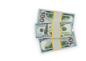 Bundles of one hundred dollar bills isolated on white. 3d illustration 