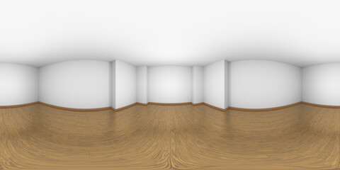 Empty white room HDRI map with wooden parquet floor