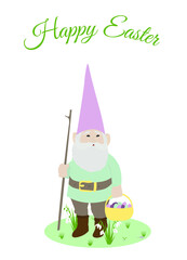 A forest gnome is carrying a basket with easter colored eggs. Happy Easter greeting card.