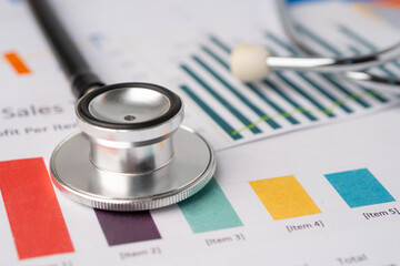 Stethoscope on charts and graphs paper, Finance, Account, Statistics, Investment, Analytic research data economy and Business company concept.