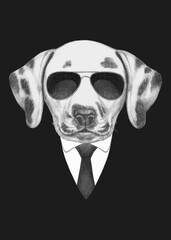 Portrait of Dalmatian in suit and sunglasses. Bodyguard. Hand-drawn illustration. 