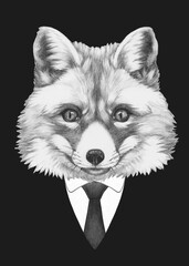 Fototapeta premium Portrait of Fox in suit. Bodyguard. Hand-drawn illustration. 