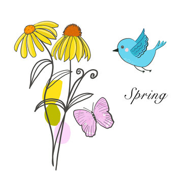 Spring time decorative yellow flower illustration with blue cute bird and butterfly spring background