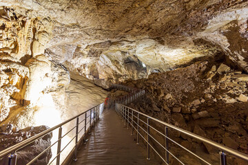 New Athos Cave. Abkhazia, underground caves of New Athos.   composition of stalactites, stalagmites...