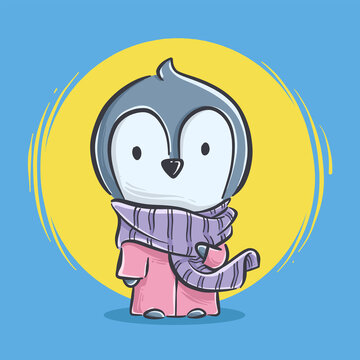 Cartoon illustration of cute penguin with scarf. mascot and icon animals