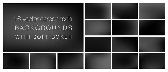 16 black carbon tech backgrounds with soft bokeh and smooth blurry colors. Ideal background templates for using as backdrop in social media, ads, emails, banners, web pages with pro look&feel.