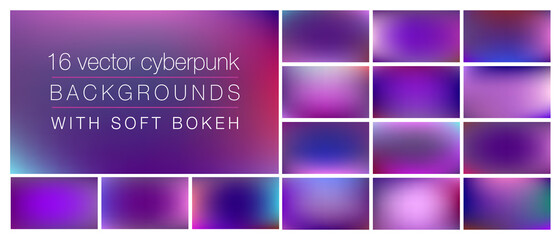 16 cyberpunk retrowave backgrounds with soft bokeh and smooth blurry colors. Ideal background templates for using as backdrop in social media, ads, emails, banners, web pages with pro look&feel.	
