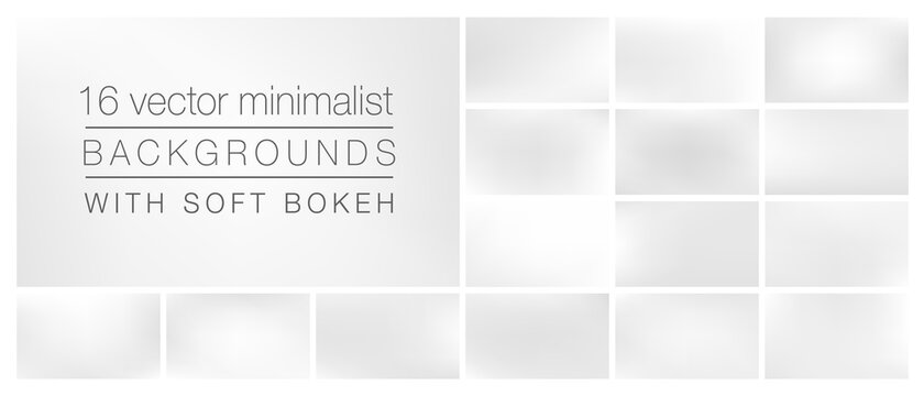 16 white minimalist backgrounds with soft bokeh and smooth blurry colors. Ideal background templates for using as backdrop in social media, ads, emails, banners, web pages with pro look&feel.