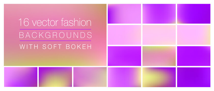 16 fashion and beauty backgrounds with soft bokeh and smooth blurry colors. Ideal background templates for using as backdrop in social media, ads, emails, banners, web pages with pro look&feel.