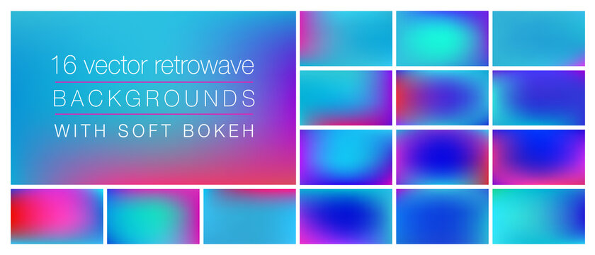 16 retrowave 1980s style backgrounds with soft bokeh and smooth blurry colors. Ideal background templates for using as backdrop in social media, ads, emails, banners, web pages with pro look&feel.